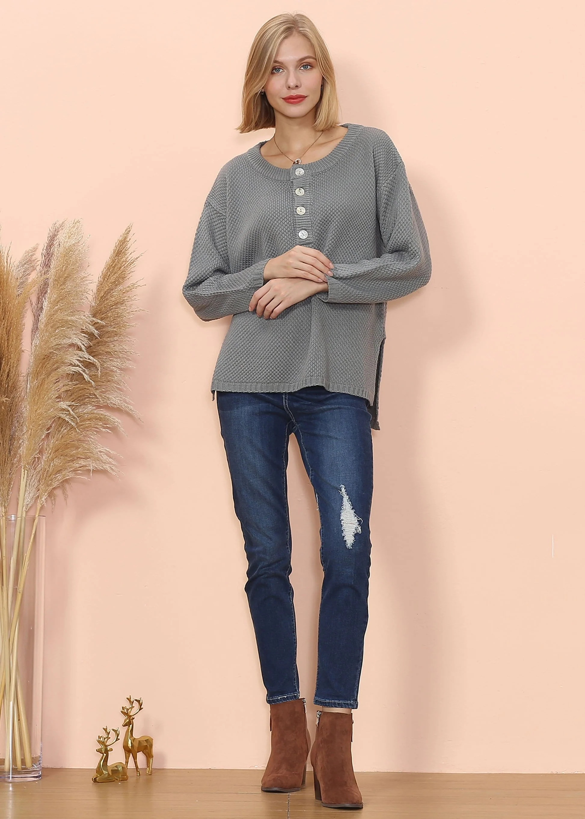 Contrast Half Button Down Sweater - Image 10