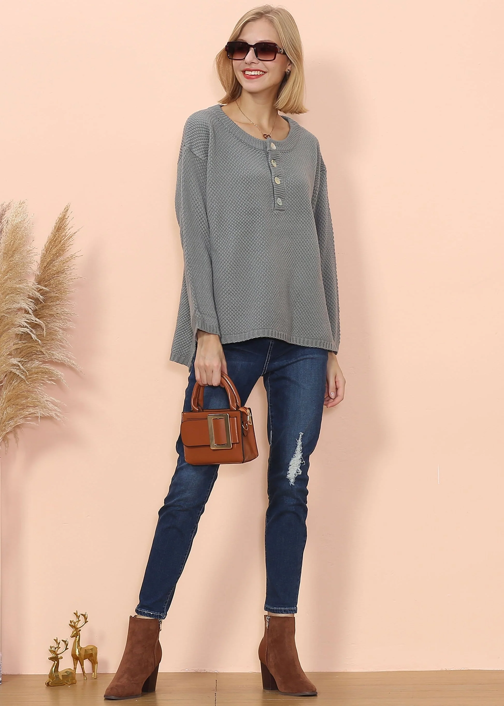 Contrast Half Button Down Sweater - Image 11