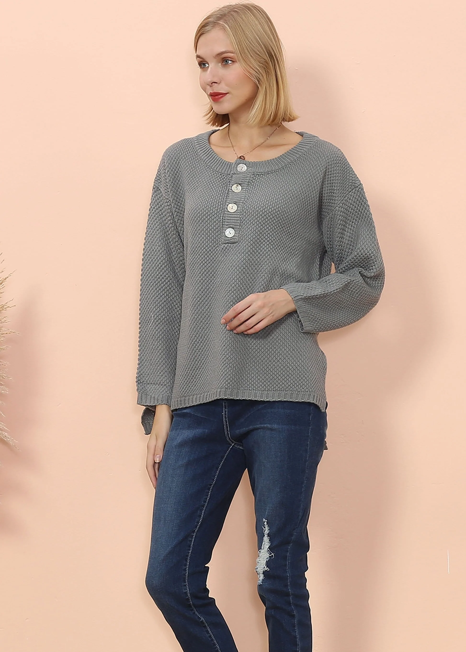 Contrast Half Button Down Sweater - Image 13