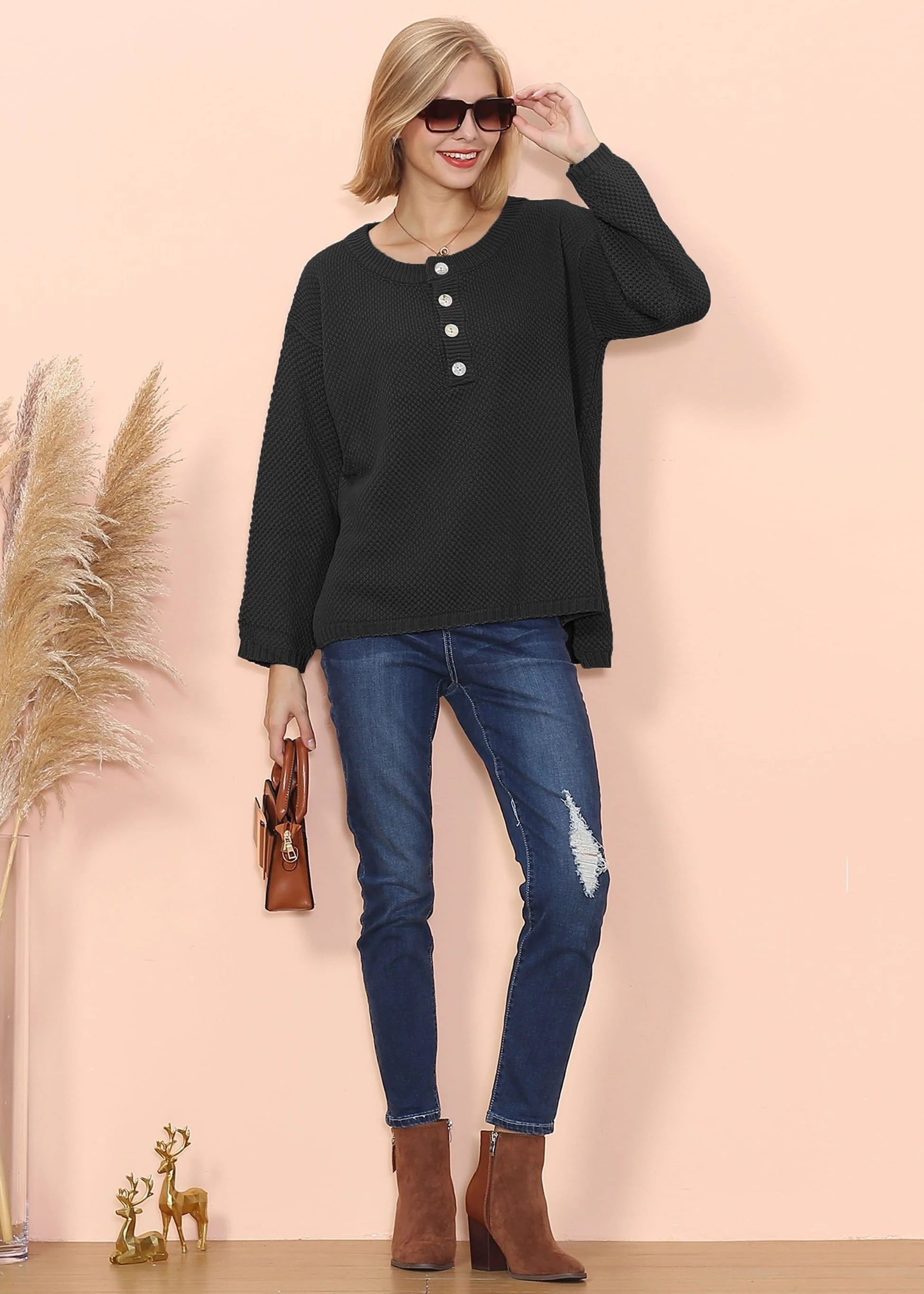 Contrast Half Button Down Sweater - Image 3