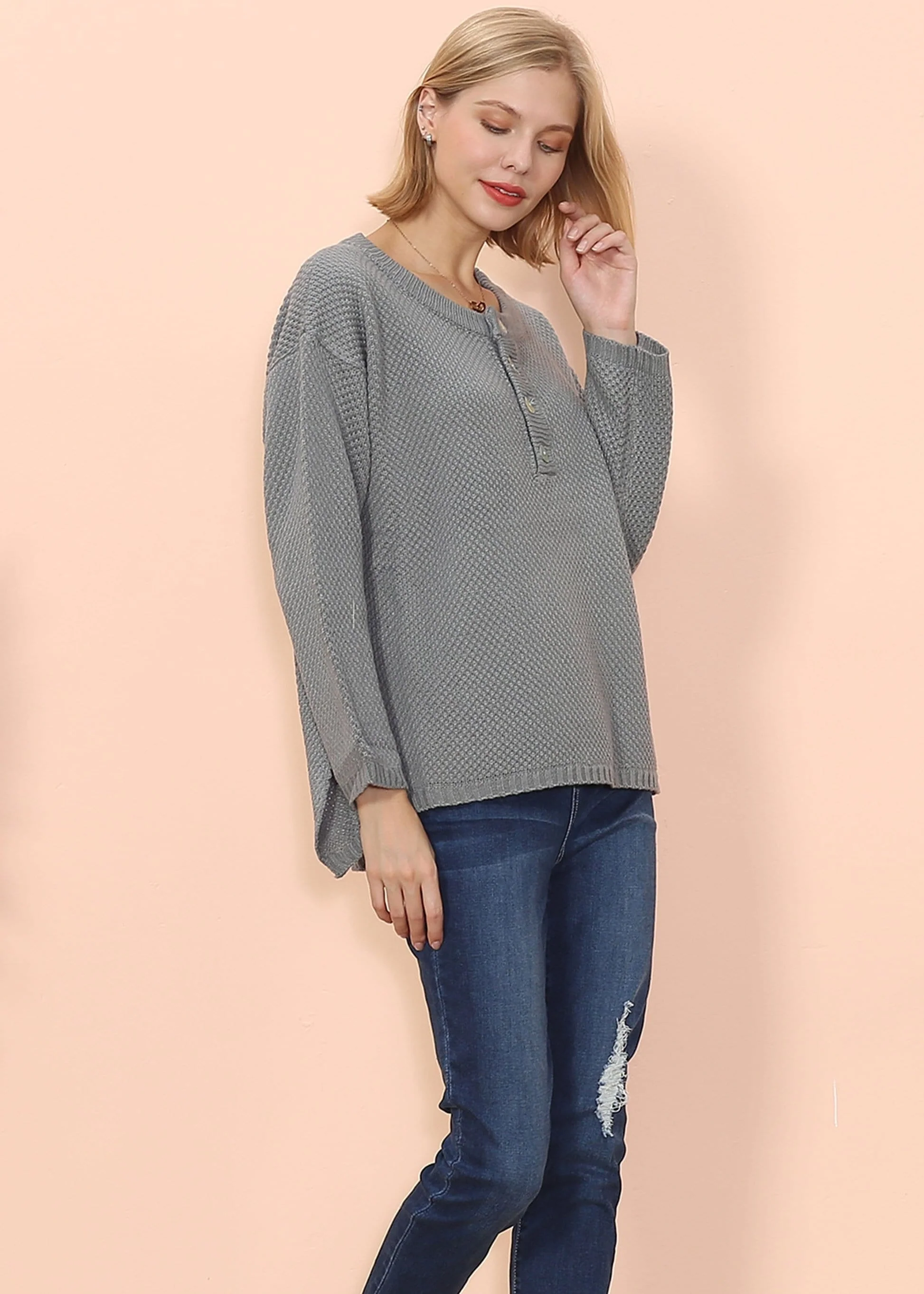 Contrast Half Button Down Sweater - Image 9