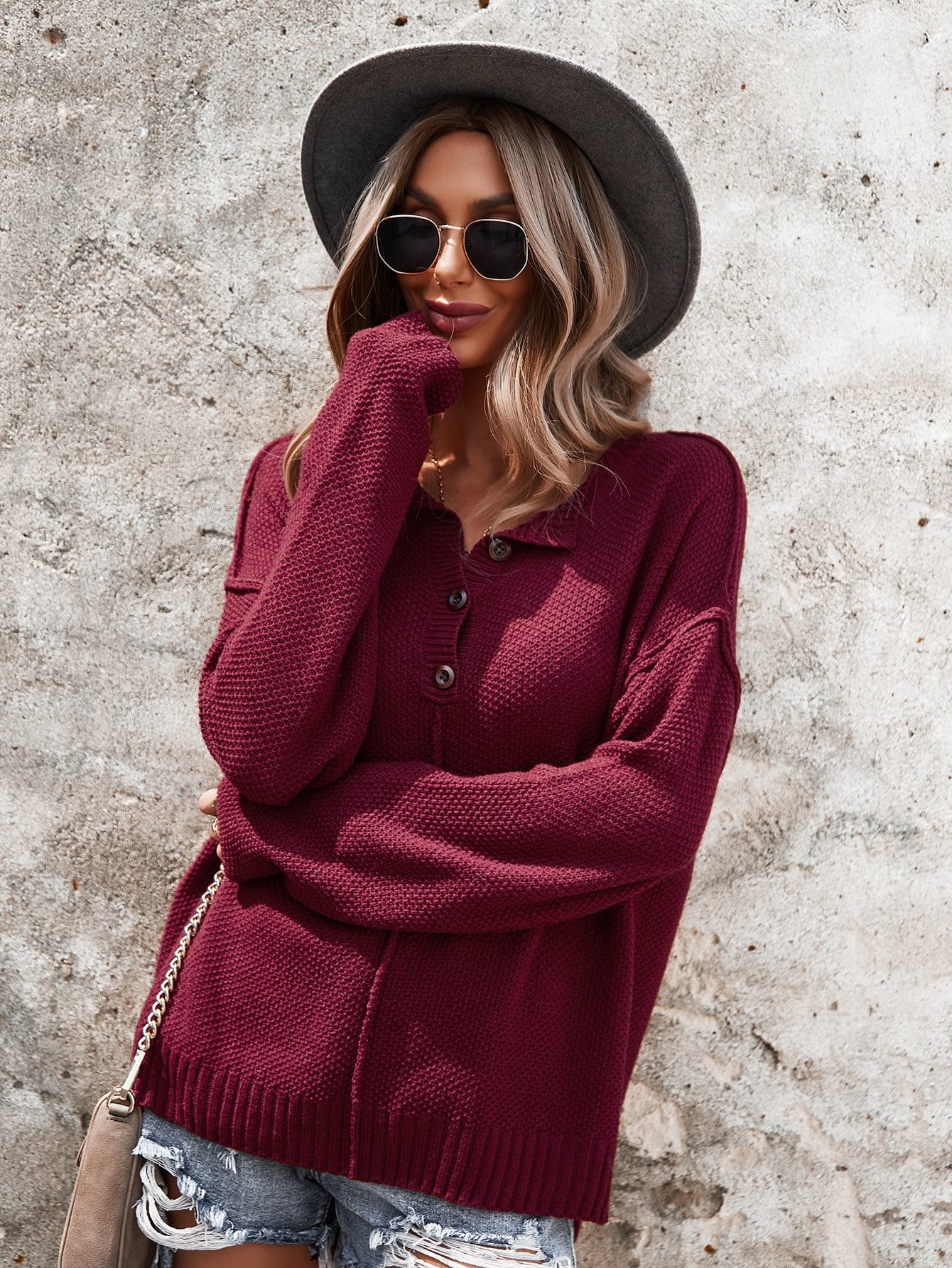 Contrast Half Button Textured Knit Sweater - Image 25