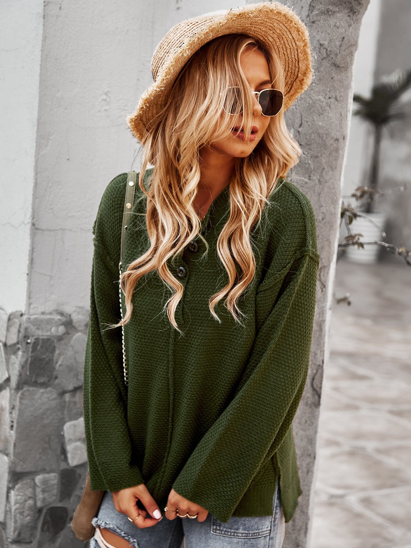 Contrast Half Button Textured Knit Sweater - Image 33
