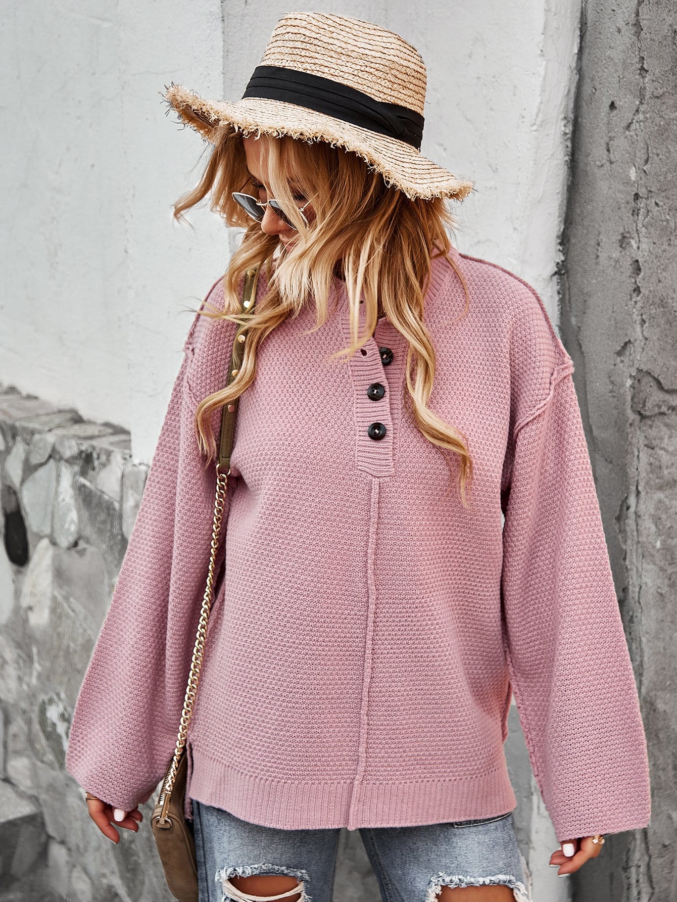 Contrast Half Button Textured Knit Sweater - Image 9