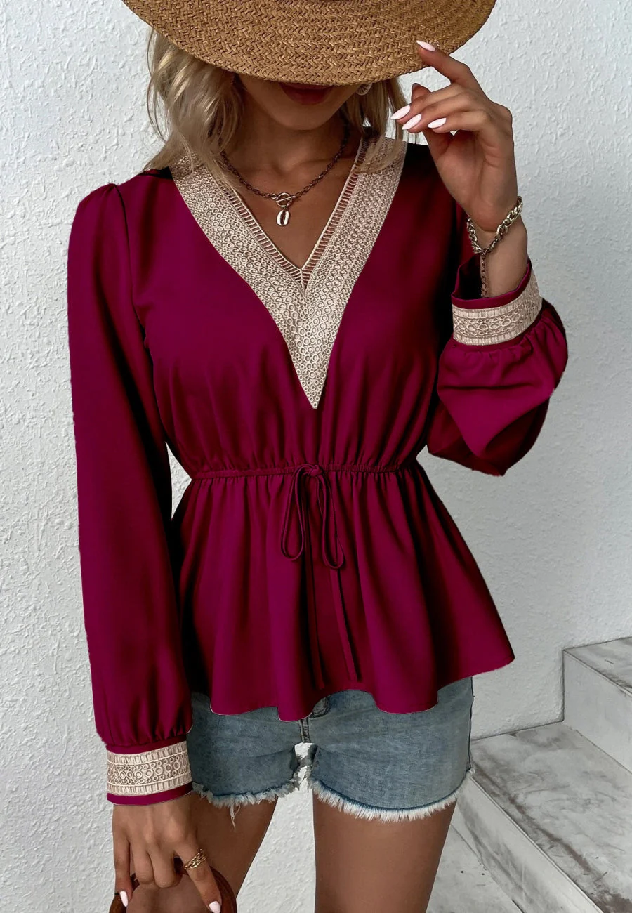 Contrast Lace Peplum Blouse - Image 3