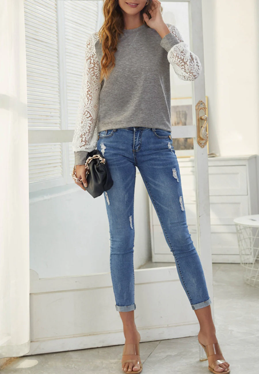 Contrast Lace Sleeve Sweater - Image 15