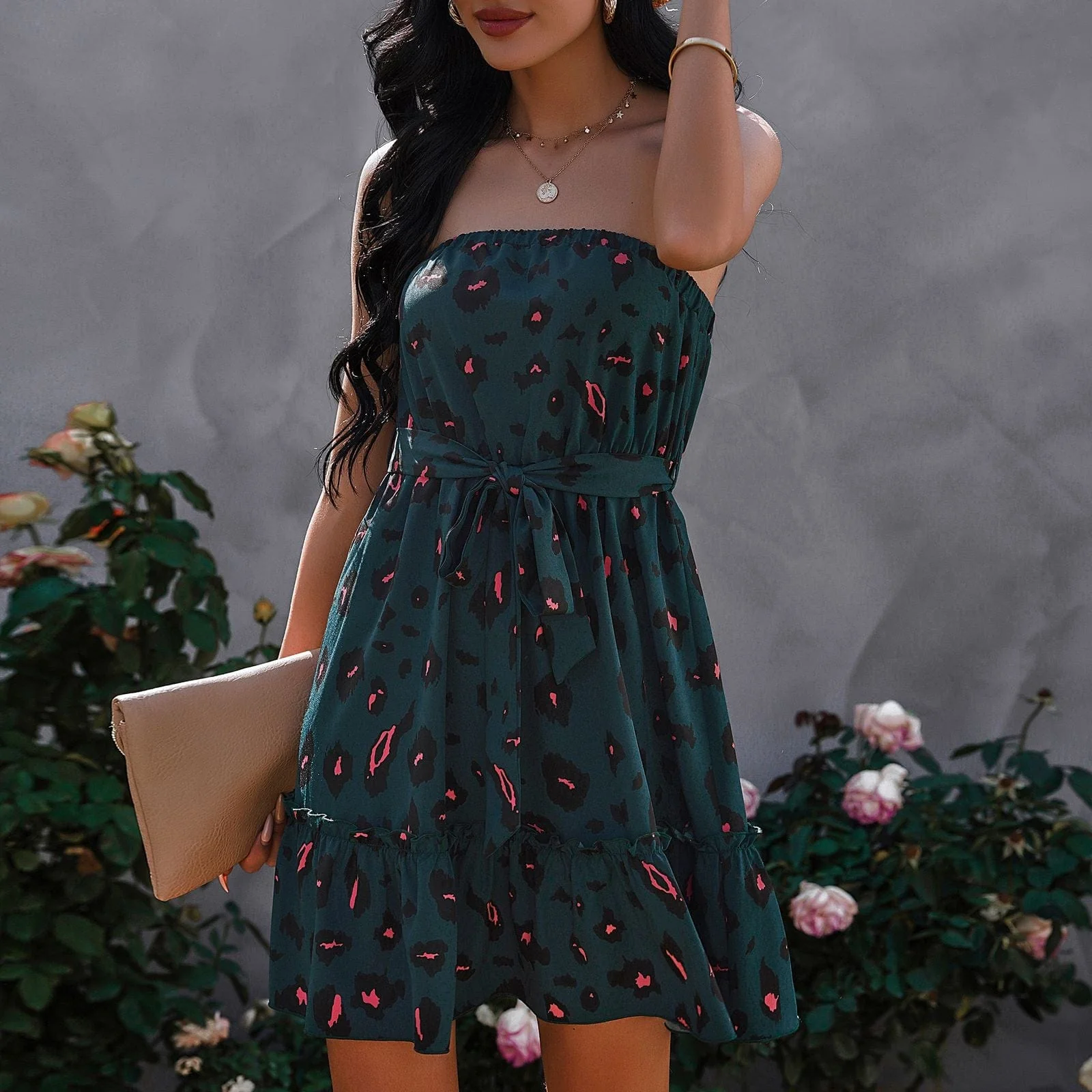 Contrast Leopard Print Strapless Dress - Image 12