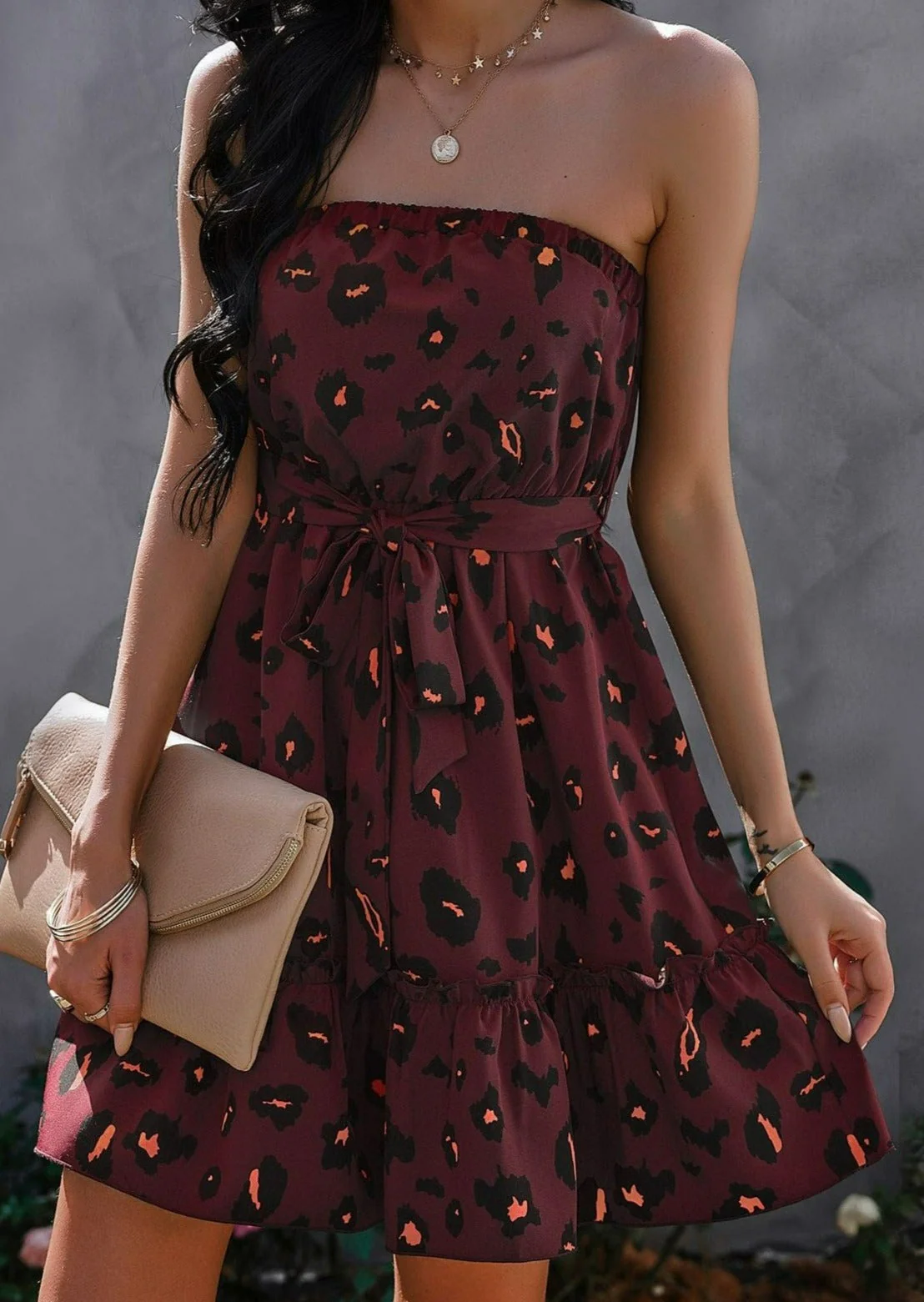 Contrast Leopard Print Strapless Dress - Image 2