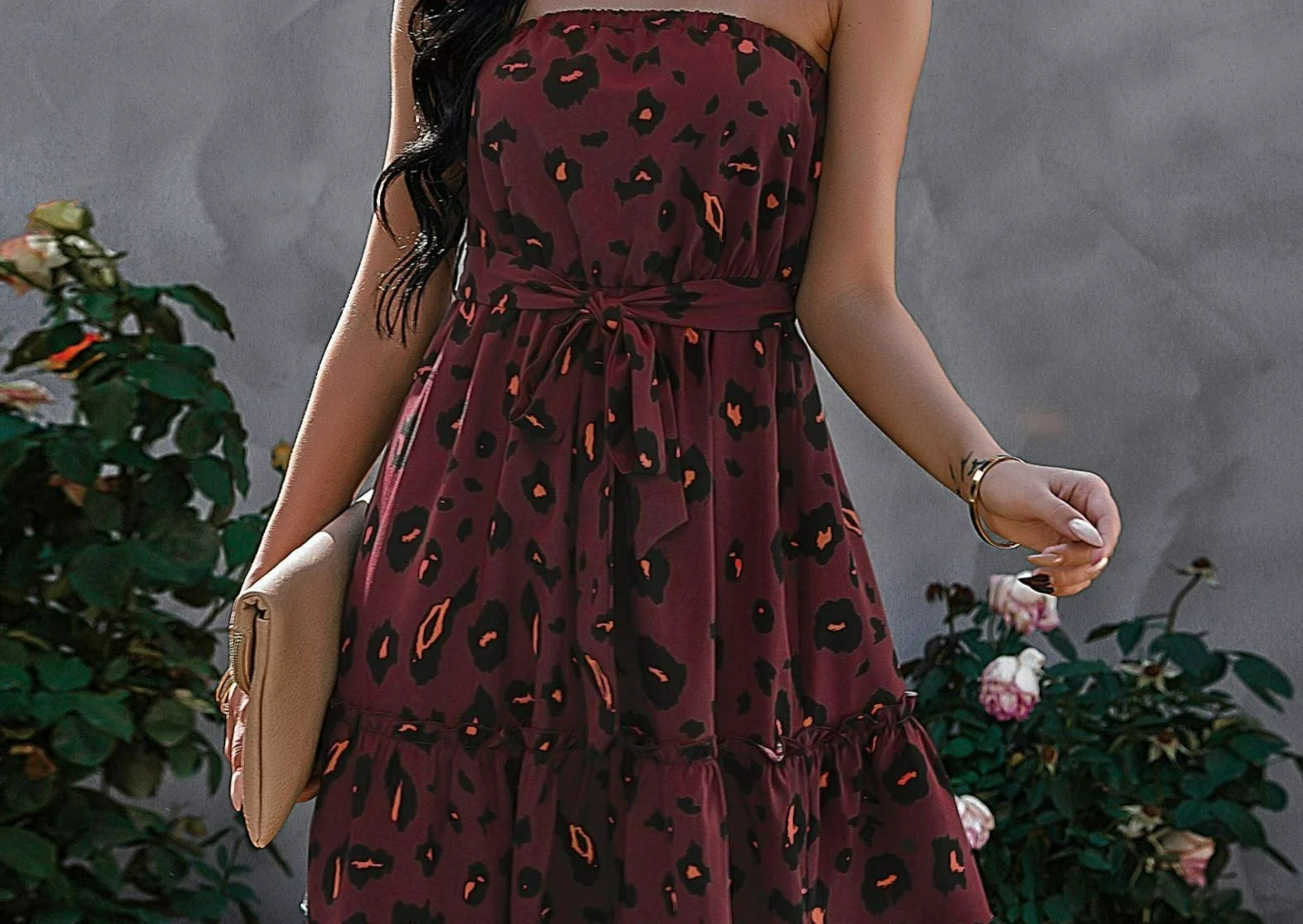 Contrast Leopard Print Strapless Dress - Image 3