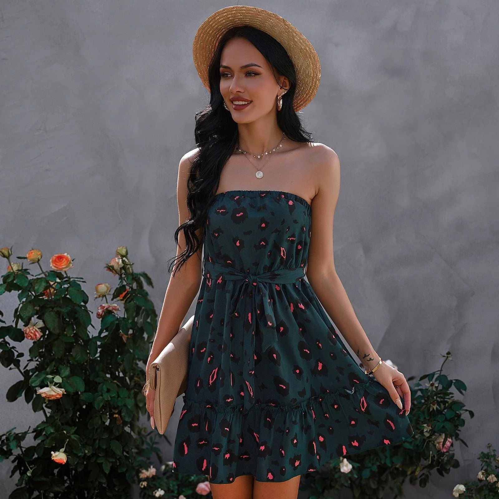 Contrast Leopard Print Strapless Dress - Image 8