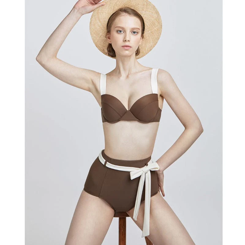 Contrast Lined High Rise Ribbon Belt Bikini Set - Image 3