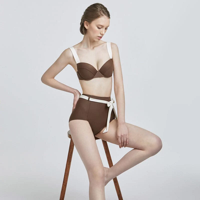 Contrast Lined High Rise Ribbon Belt Bikini Set - Image 4