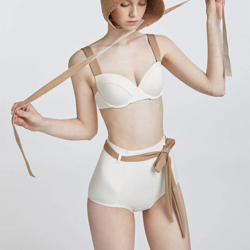 Contrast Lined High Rise Ribbon Belt Bikini Set - Image 7