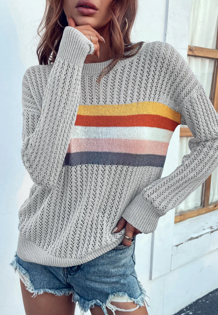 Contrast Multicolor Striped Knit Sweater - Image 2
