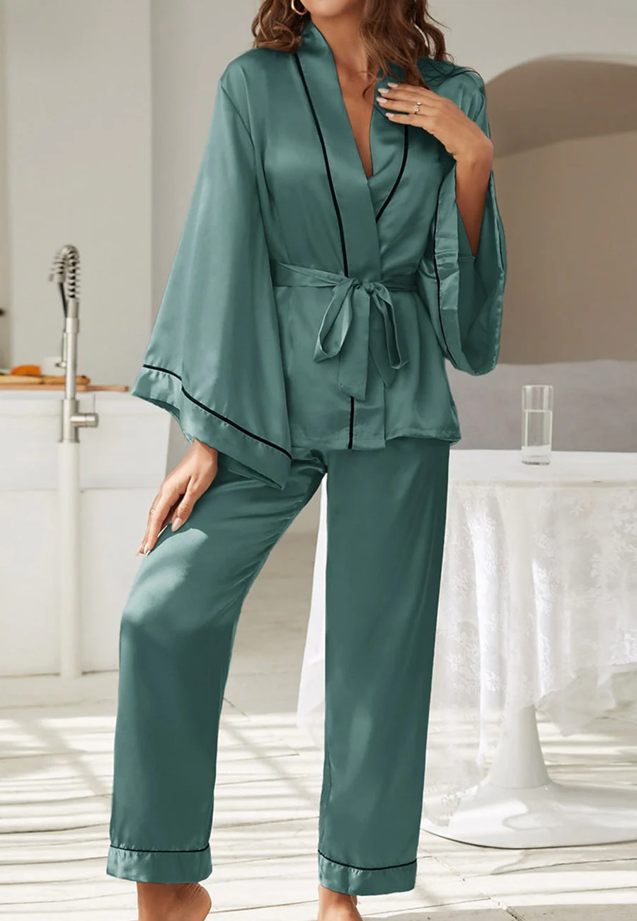 Contrast Piping Robe Top and Pajama - Image 15
