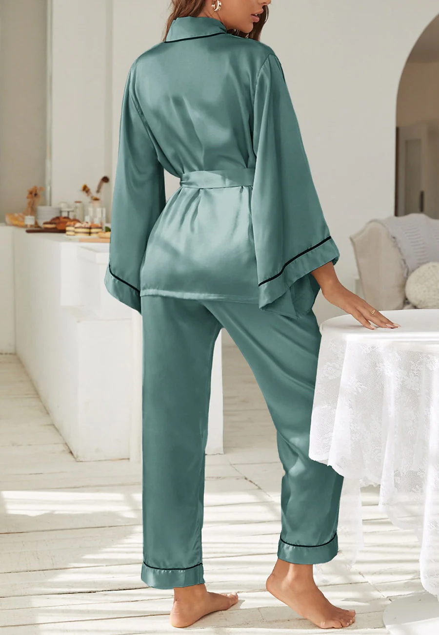Contrast Piping Robe Top and Pajama - Image 17
