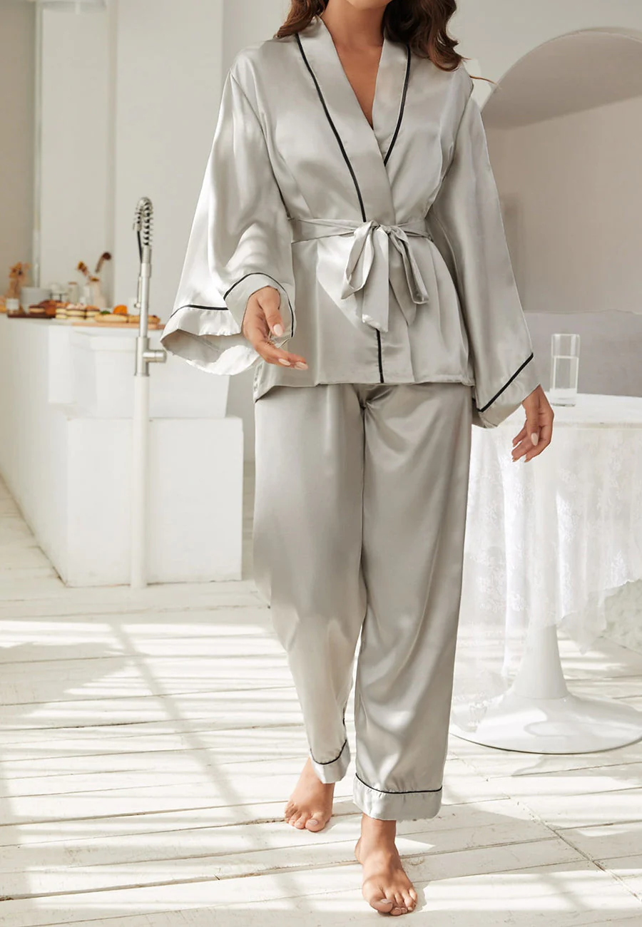 Contrast Piping Robe Top and Pajama - Image 20