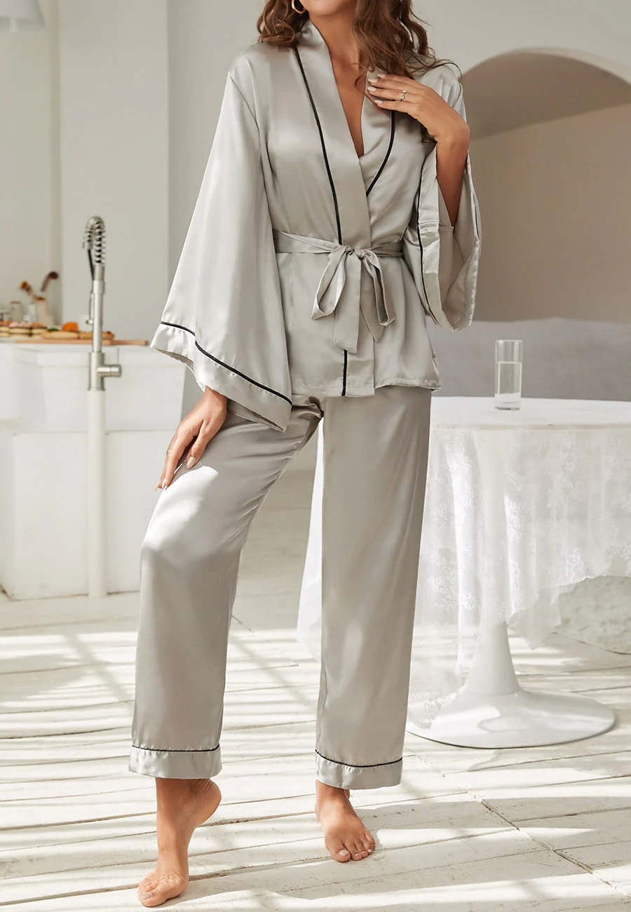 Contrast Piping Robe Top and Pajama - Image 22