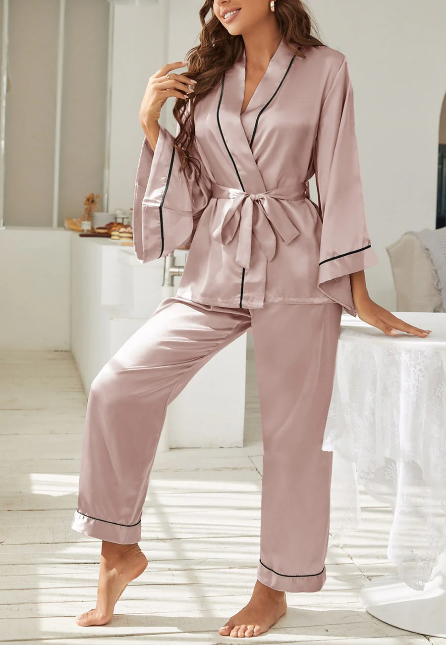 Contrast Piping Robe Top and Pajama - Image 26