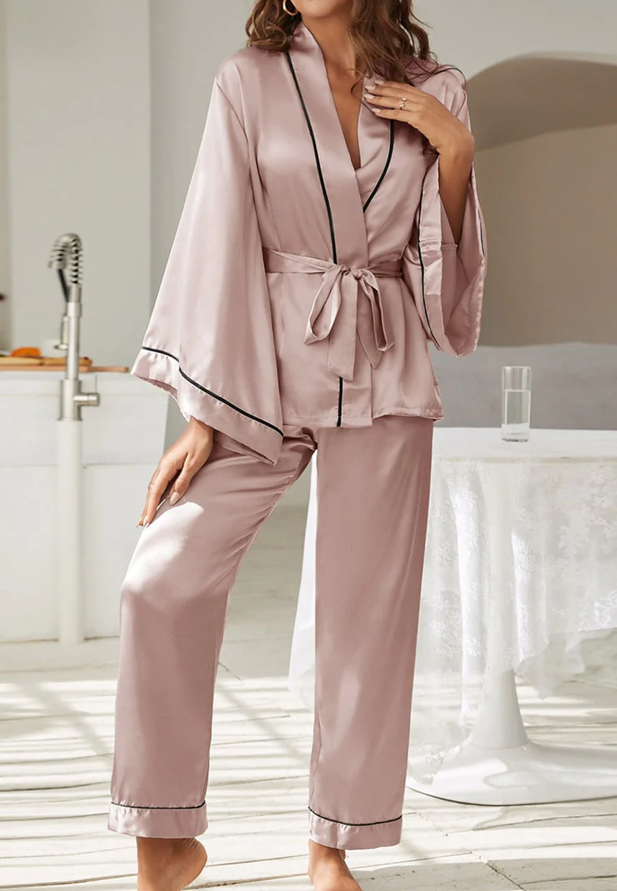 Contrast Piping Robe Top and Pajama - Image 27