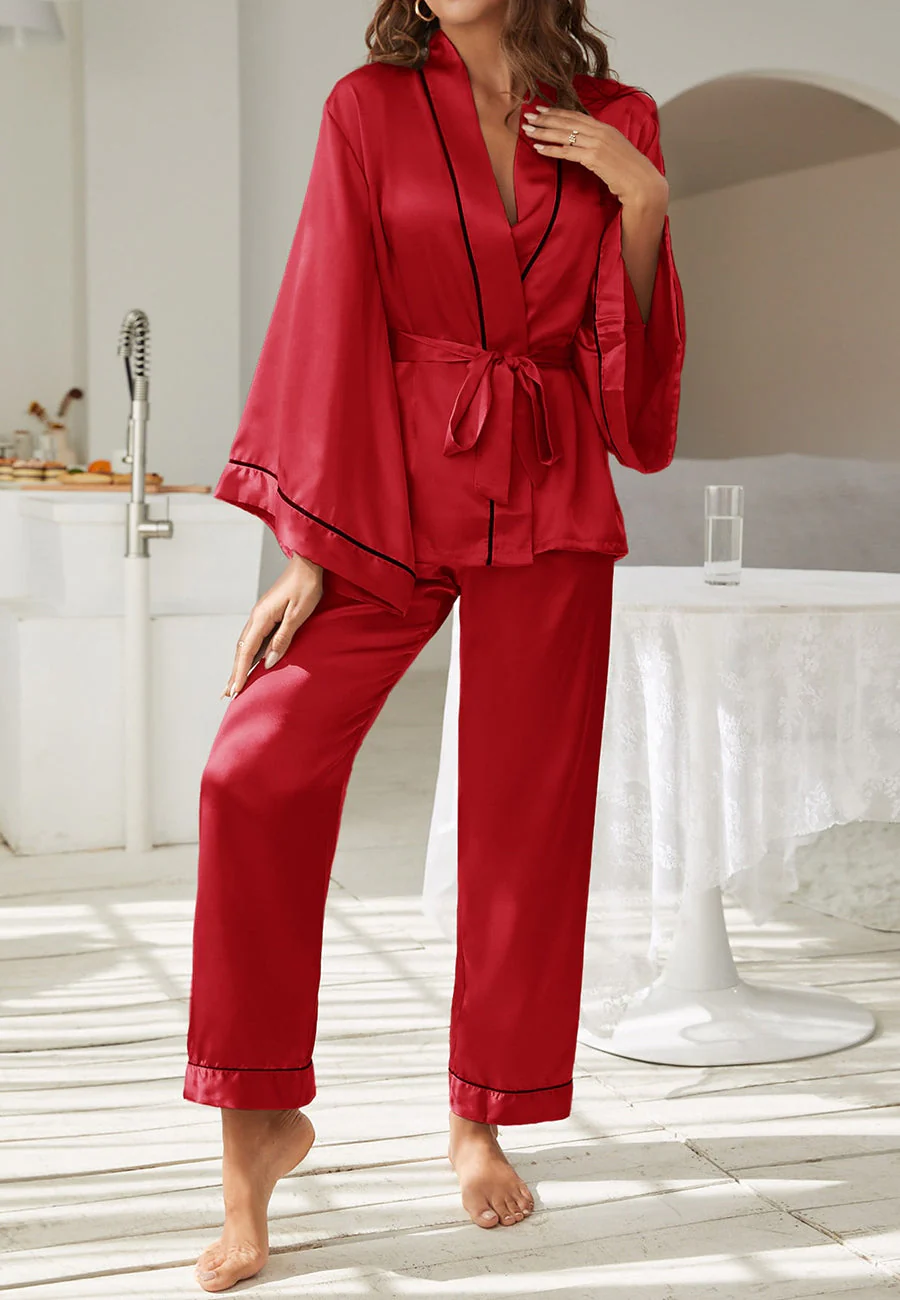 Contrast Piping Robe Top and Pajama - Image 32