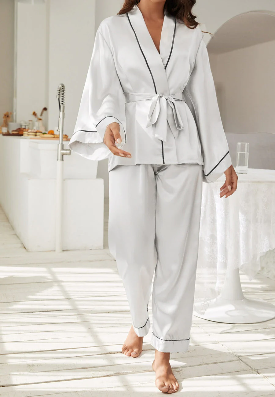Contrast Piping Robe Top and Pajama - Image 38