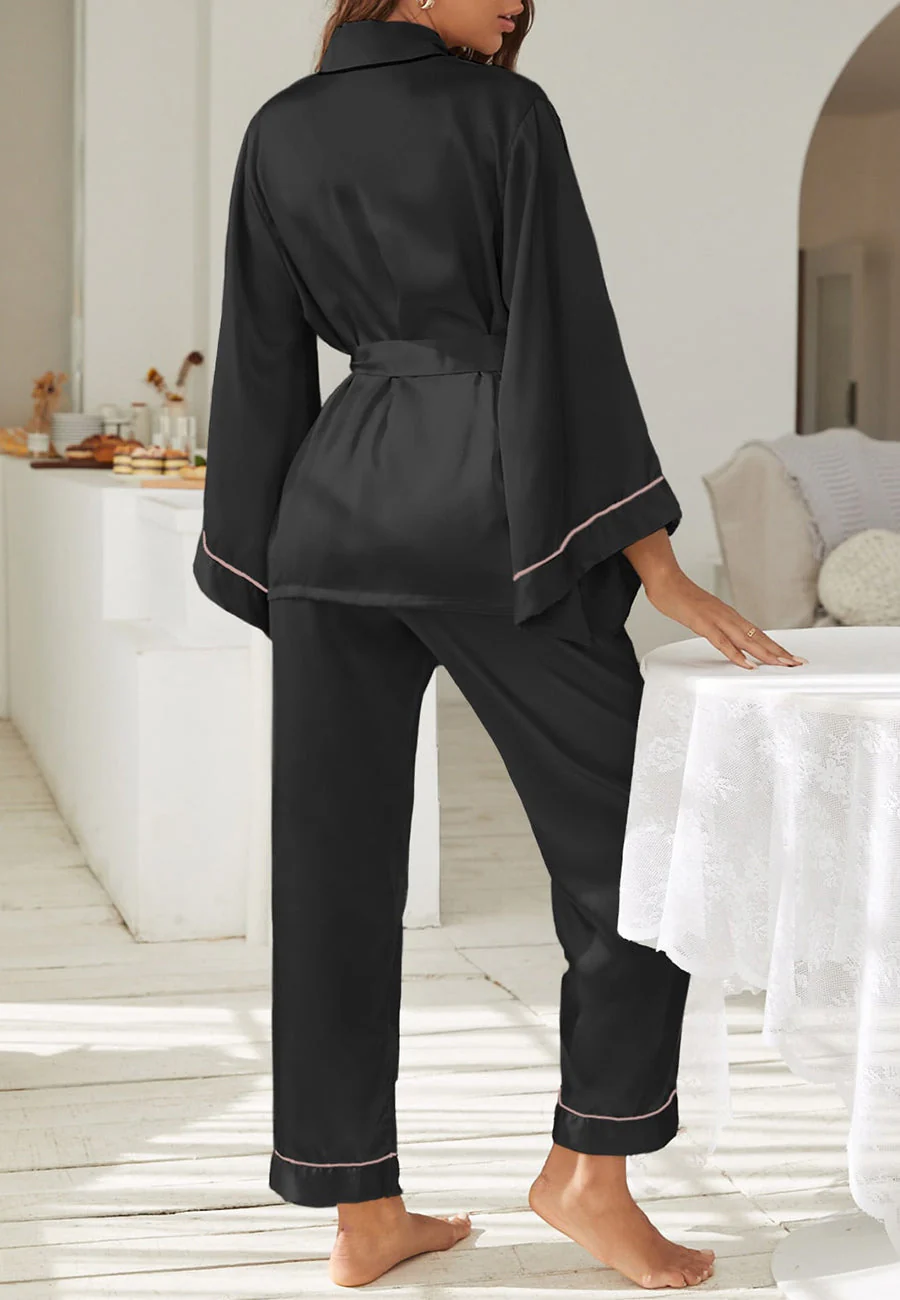 Contrast Piping Robe Top and Pajama - Image 6
