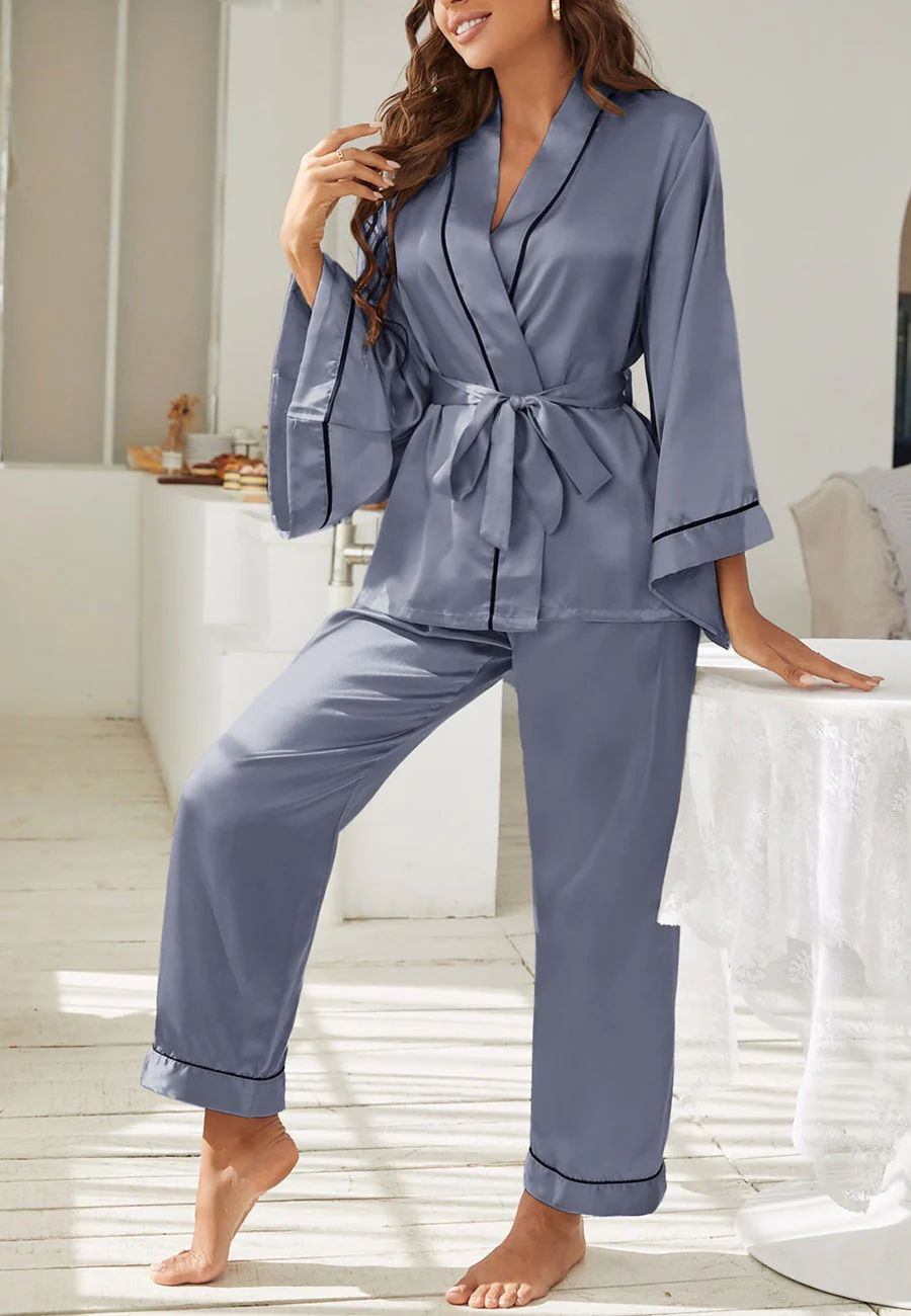 Contrast Piping Robe Top and Pajama - Image 9