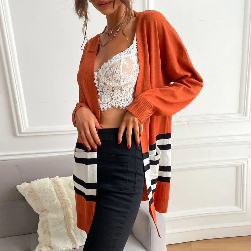 Contrast Stripes Open Front Cardigan - Image 5