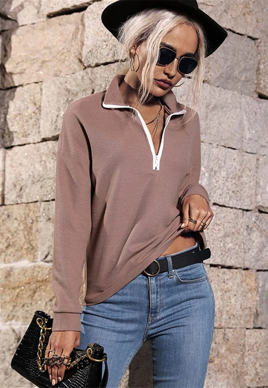 Contrast Zip-Up Knit Sweater - Image 2