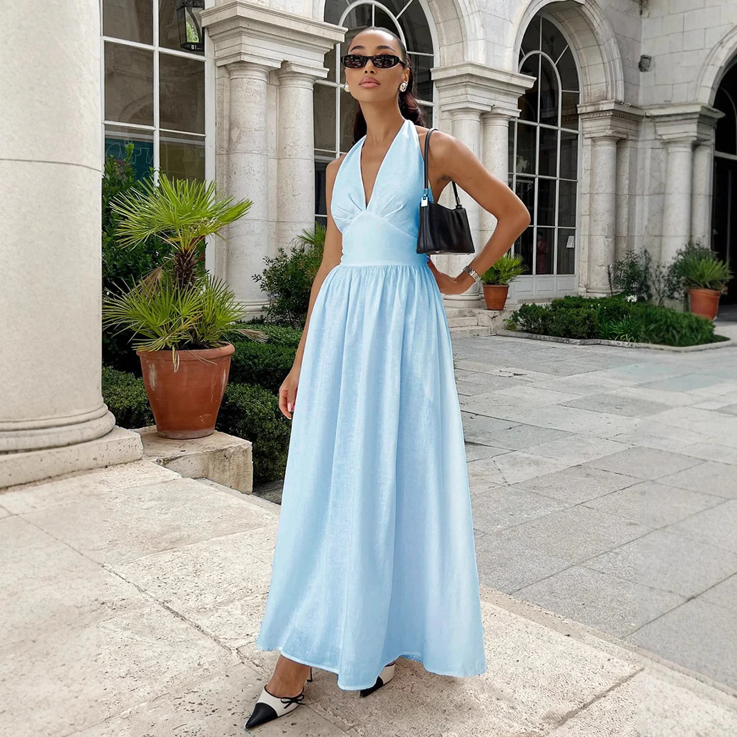Cotton Waist V-Veck Tie-Down Dress - Image 3