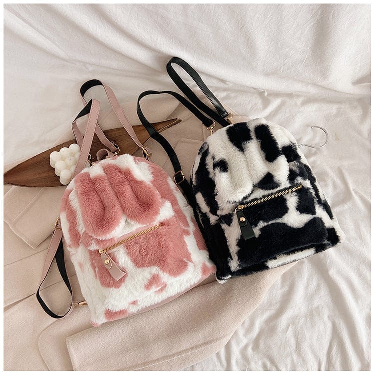 Cow Print Bunny Ears Furry Backpack - Image 4