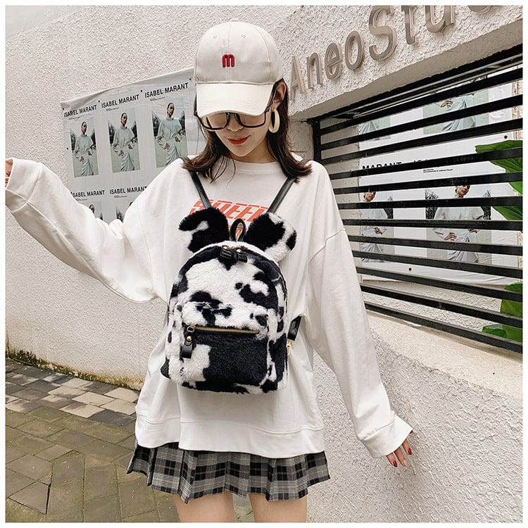 Cow Print Mouse Ears Furry Backpack - Image 3