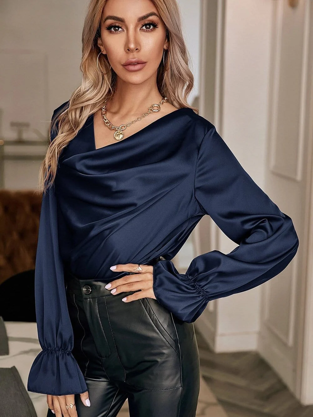 Cowl Neck Long Sleeve Blouse - Image 13