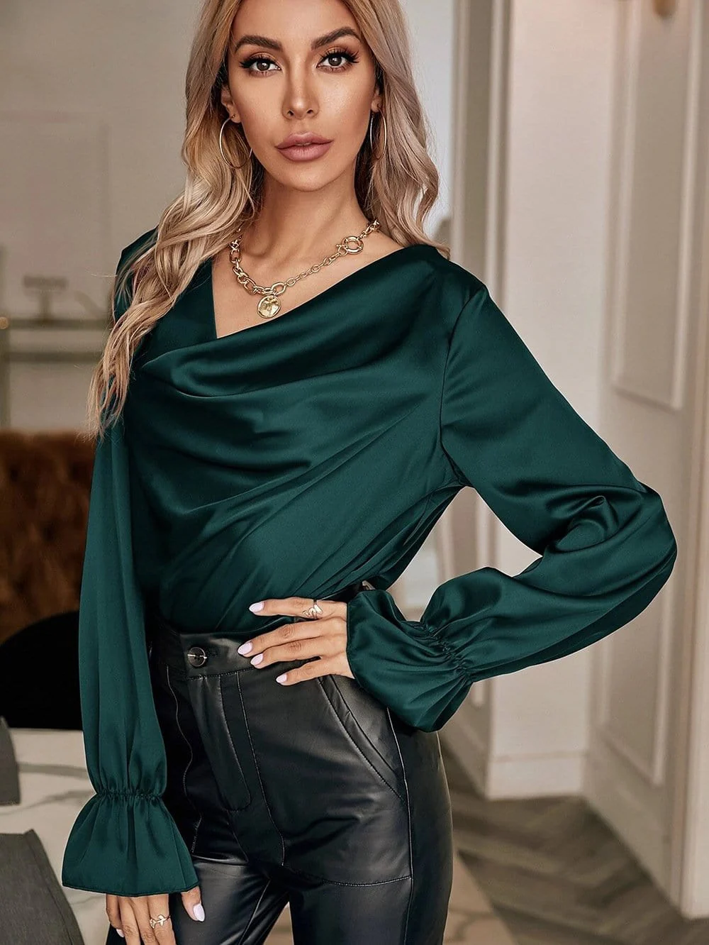 Cowl Neck Long Sleeve Blouse - Image 4