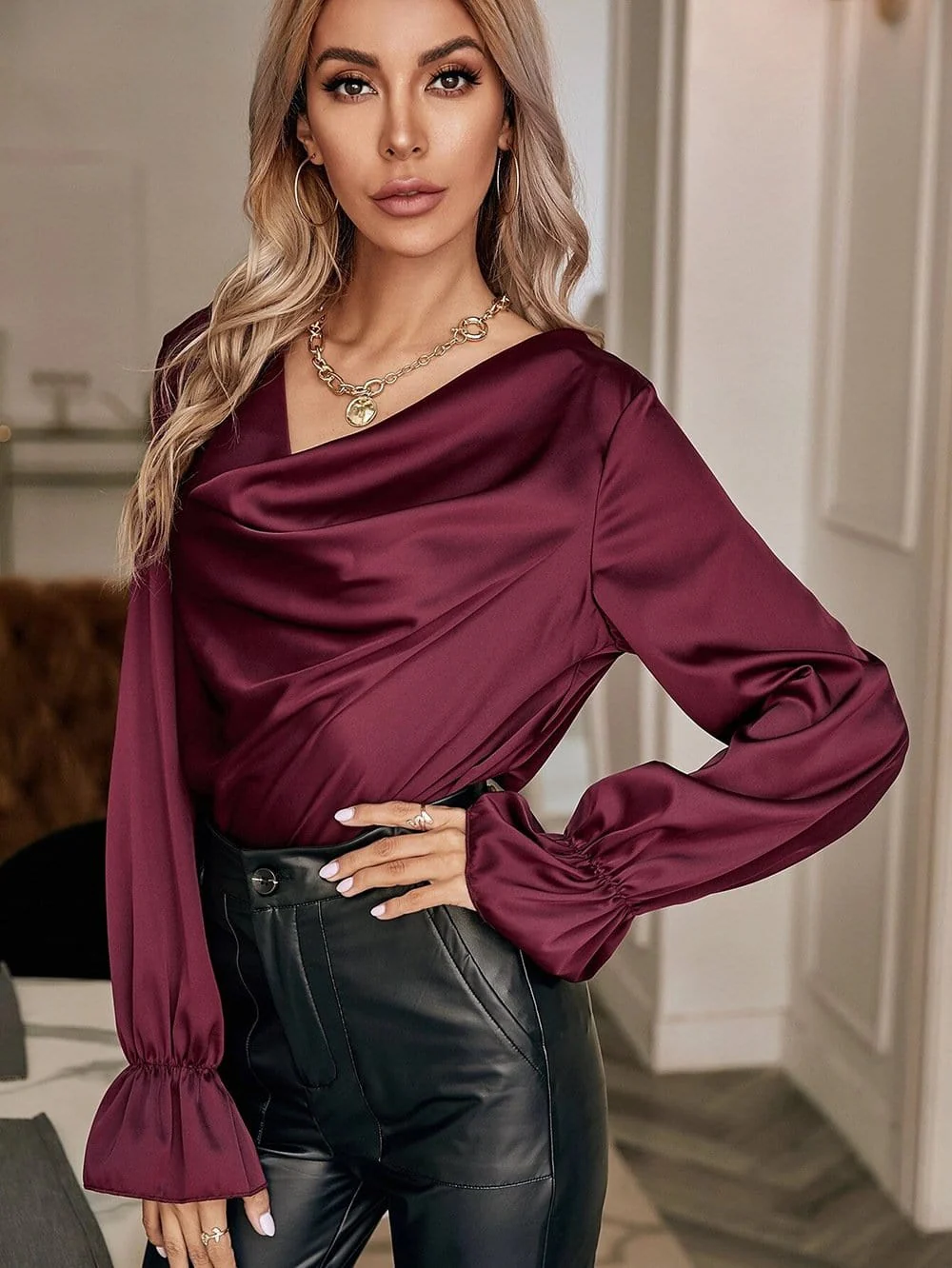 Cowl Neck Long Sleeve Blouse - Image 8