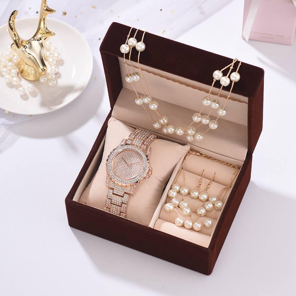 Creative Diamond Full Diamond Round Watch Pearl Bracelet Earring Necklace - Image 4