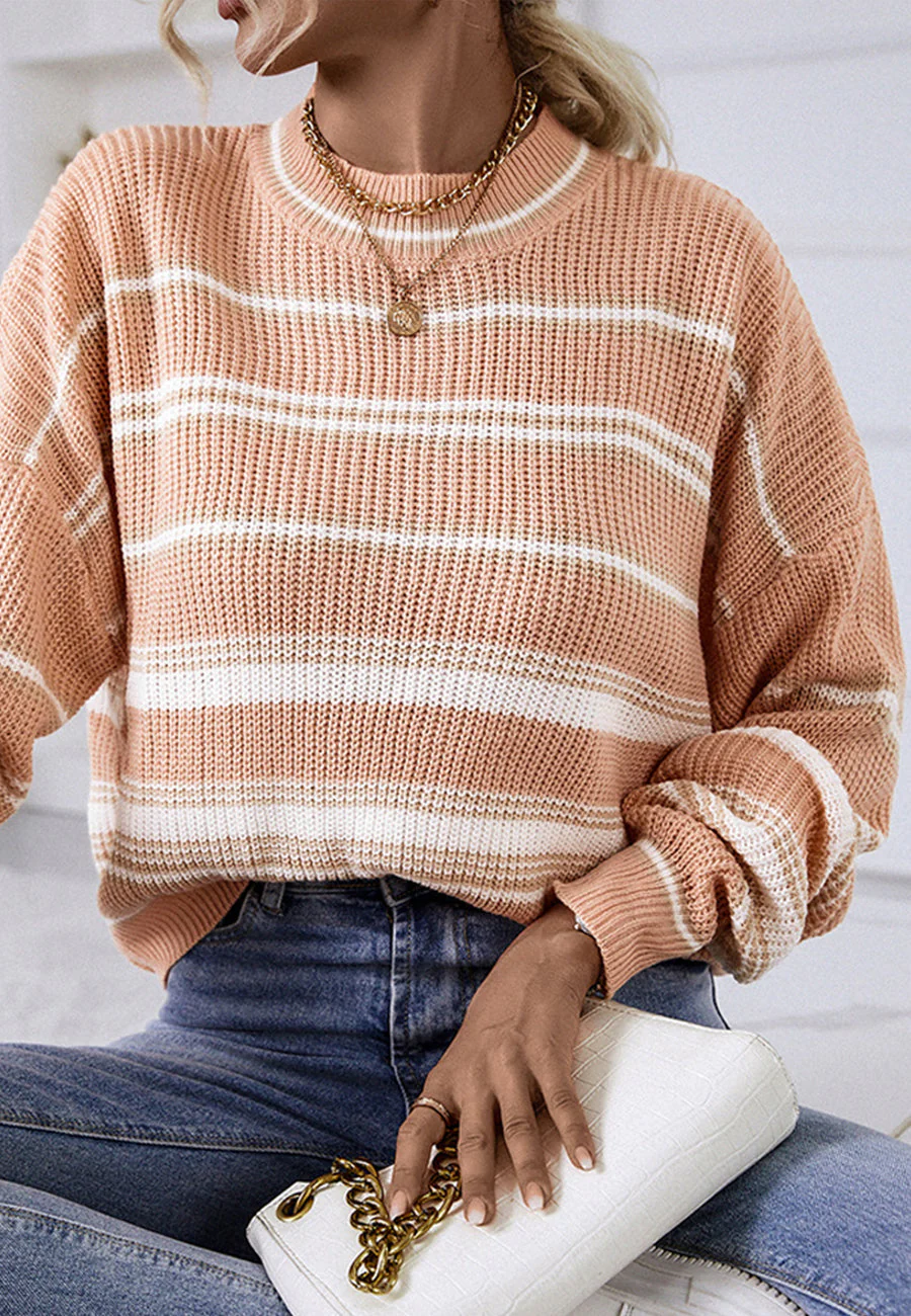 Crew Neck Basic Striped Sweater - Image 2