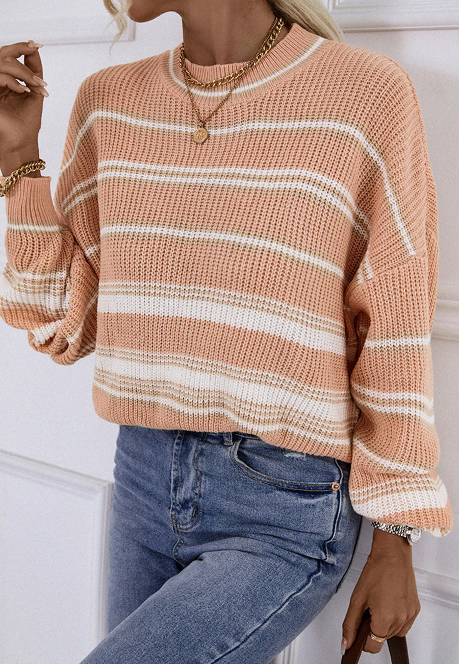 Crew Neck Basic Striped Sweater - Image 3