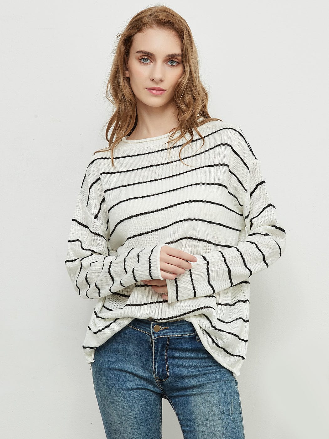 Crew Neck Minimalist Striped Sweater - Image 8