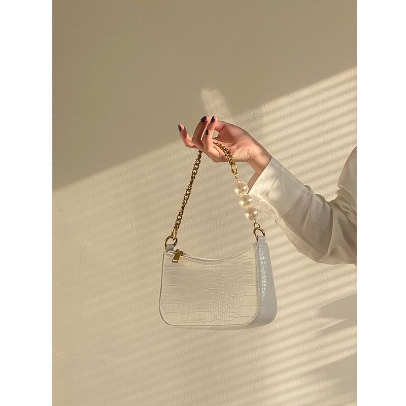 Croc Embossed Shoulder Bag with Pearls & Gold Chain - Image 2