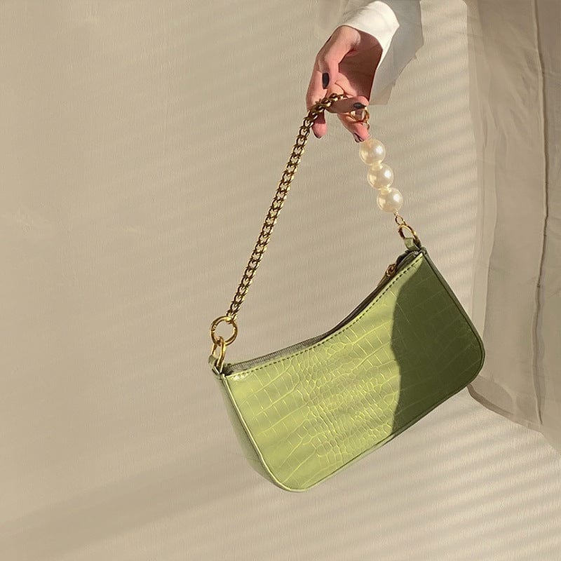Croc Embossed Shoulder Bag with Pearls & Gold Chain - Image 3