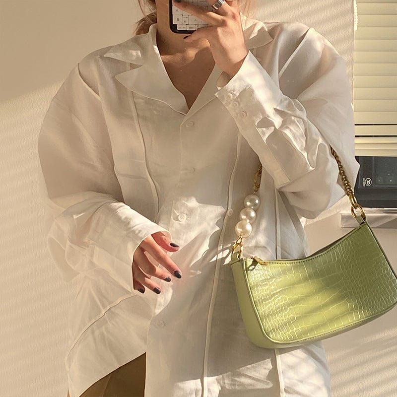 Croc Embossed Shoulder Bag with Pearls & Gold Chain - Image 4