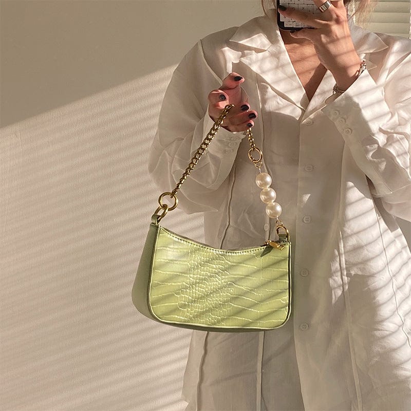 Croc Embossed Shoulder Bag with Pearls & Gold Chain - Image 5