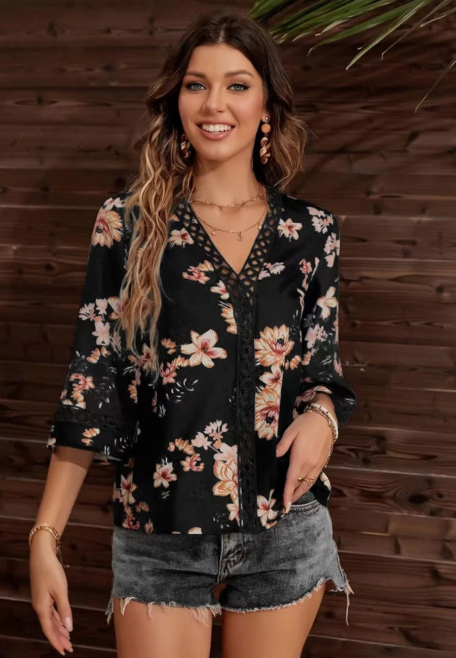 Crochet Detail Floral Print Blouse - Image 2