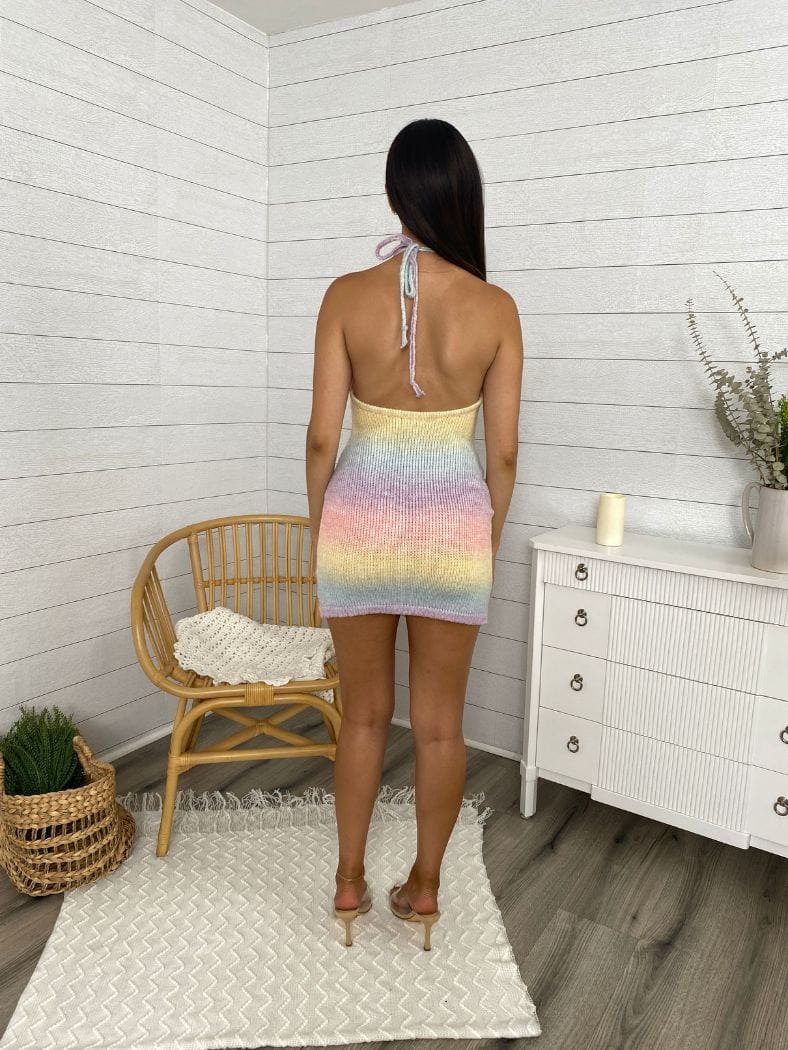Crochet Knit Rainbow Ombre Halter Mini Dress - Image 2