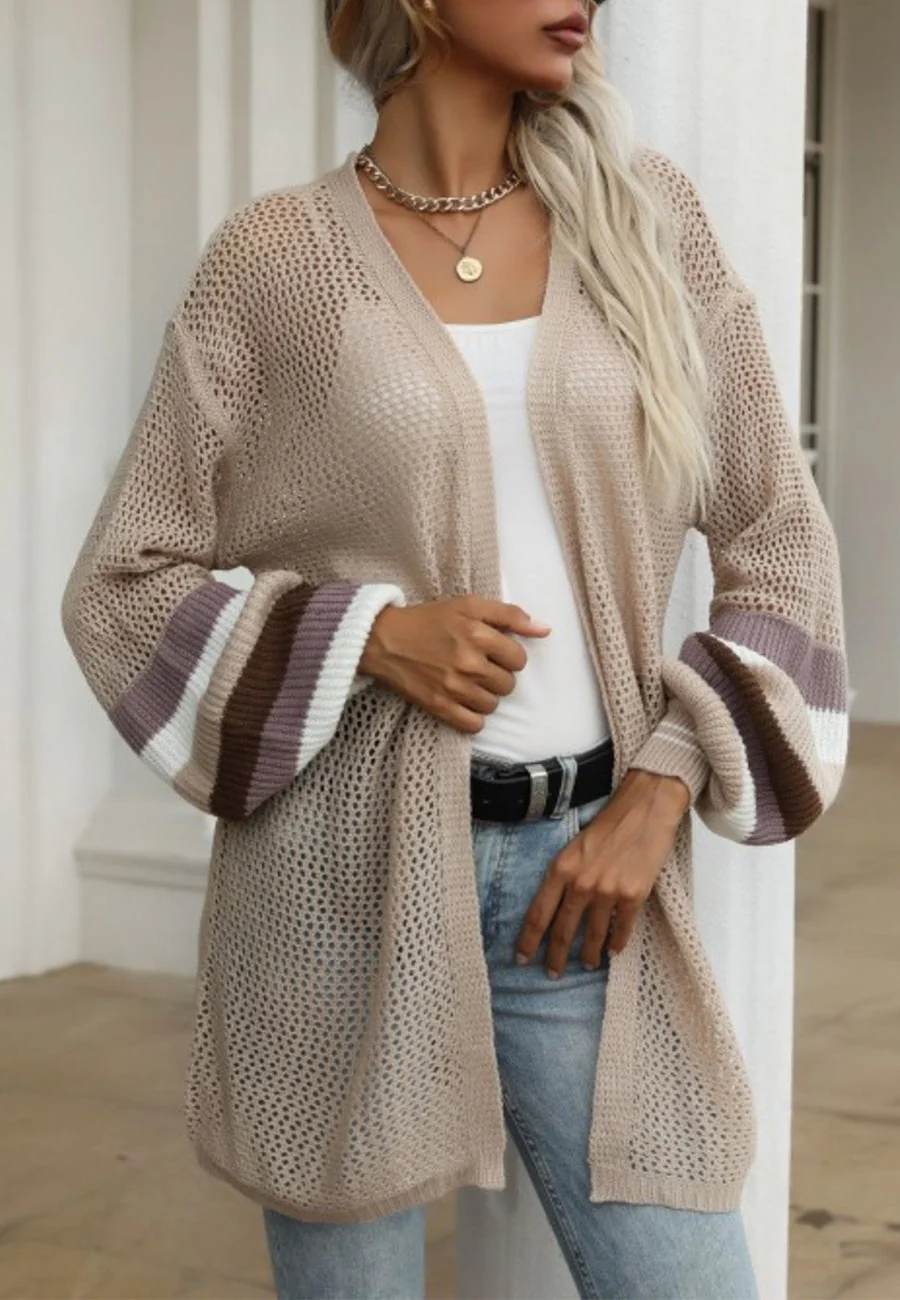 Crochet Knit Striped Sleeve Cardigan - Image 2