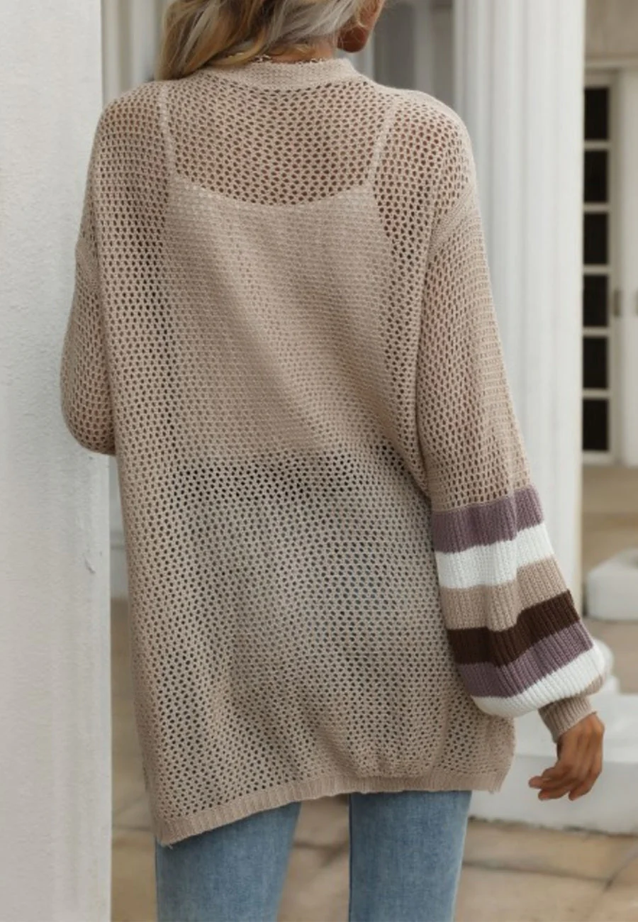 Crochet Knit Striped Sleeve Cardigan - Image 4