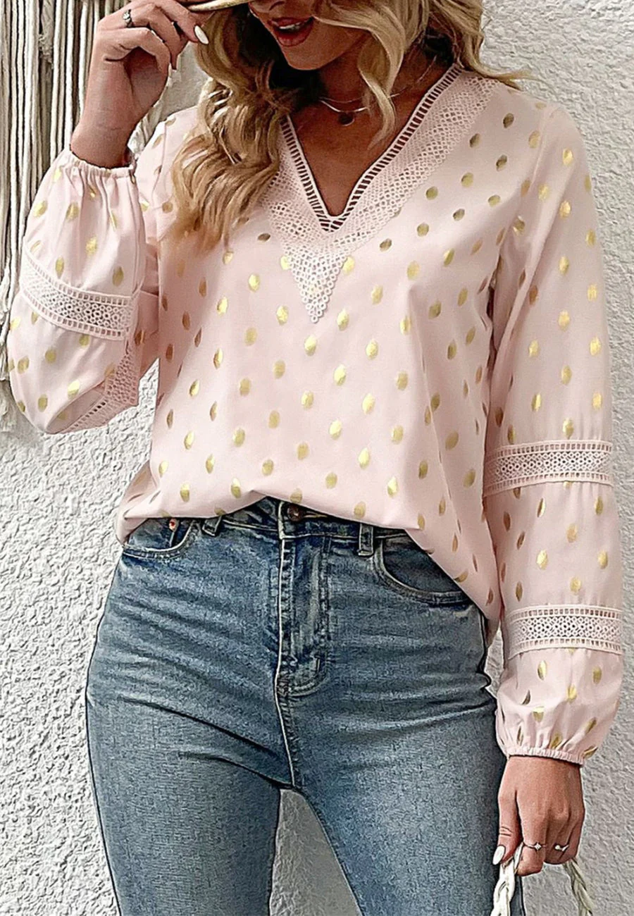 Crochet Lace Detail Dotted Blouse