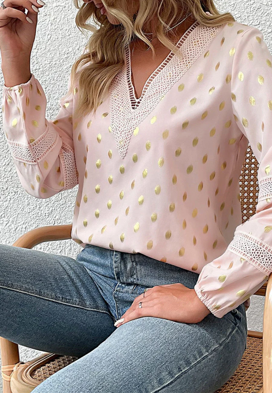 Crochet Lace Detail Dotted Blouse - Image 4
